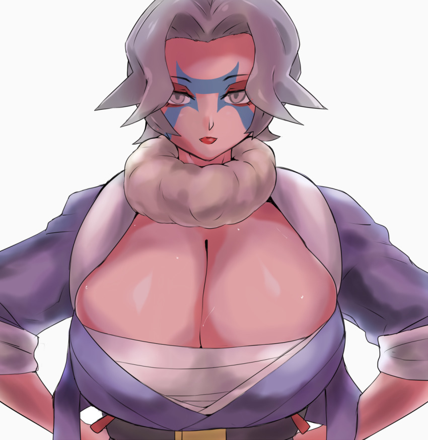 1girl belt breasts charm_(pokemon) cleavage facepaint fur_collar grey_eyes grey_hair hands_on_own_hips highres huge_breasts nintendo pokemon pokemon_legends:_arceus red_lips sarashi short_hair sleeves_rolled_up solo sweat upper_body uya_(yurukah)