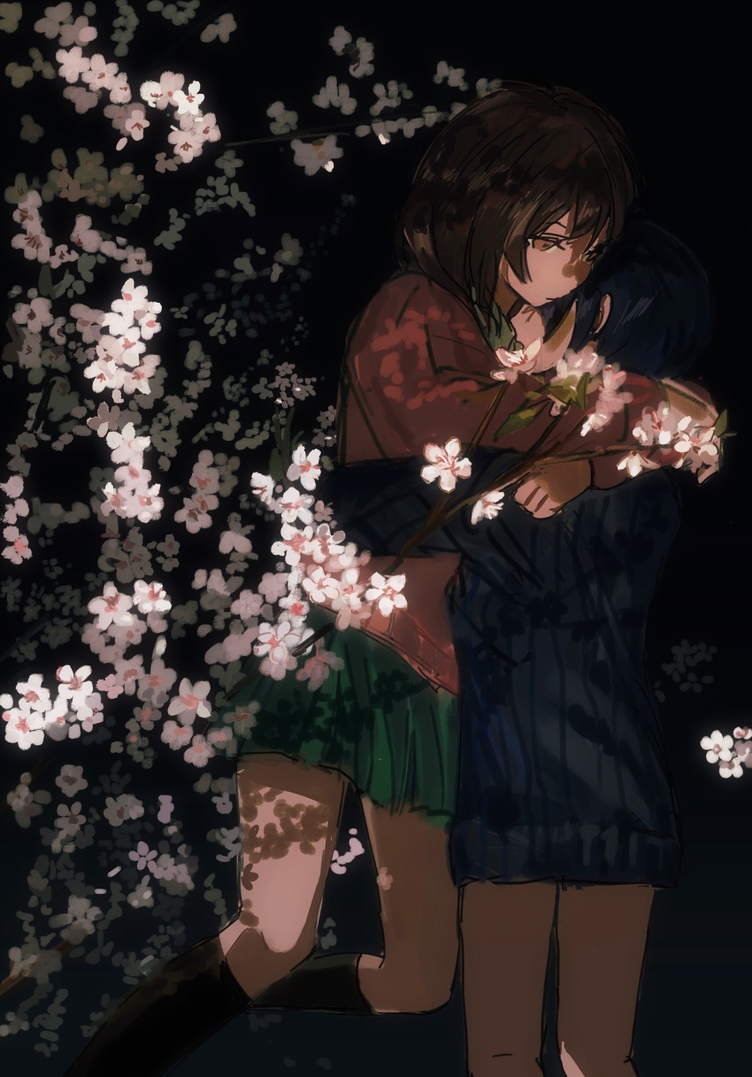2girls ashashio black_background black_socks blue_sweater brown_eyes brown_hair chinese_commentary closed_mouth commentary_request expressionless feet_out_of_frame field flower flower_field from_side green_skirt highres hug kneehighs kogoori_natsumi long_sleeves looking_at_another lying medium_hair multiple_girls niimura_haruka on_back on_ground pink_sweater ribbed_sweater shigatsu_youka short_hair sideways skirt socks sweater white_flower yuri
