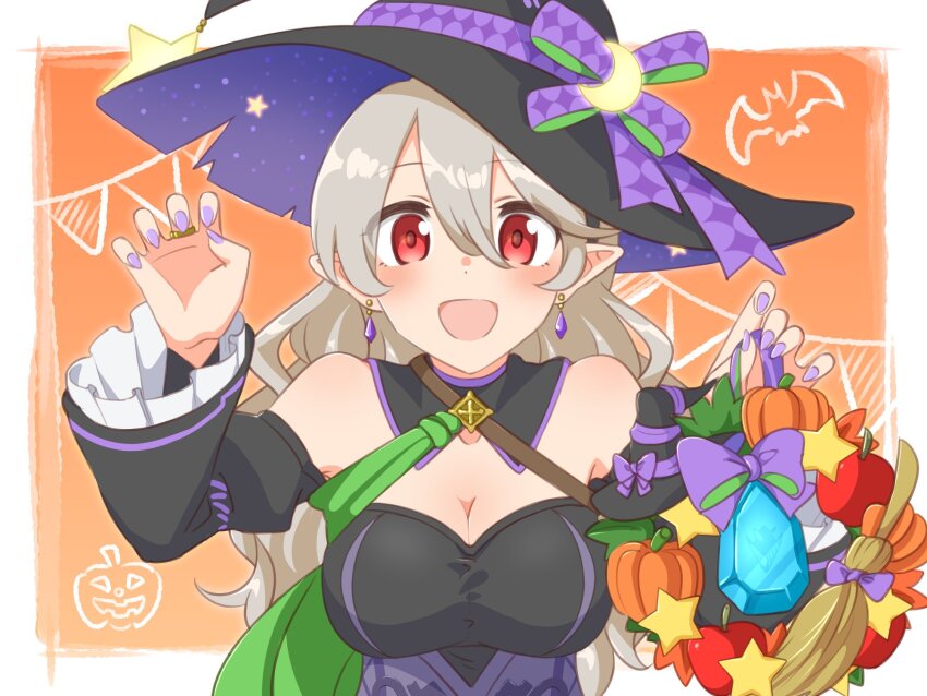 1girl breasts candy candy_corn corrin_(female)_(fire_emblem) corrin_(female)_(halloween)_(fire_emblem) crescent crescent_hat_ornament crossed_belts dress earrings fingernails fire_emblem fire_emblem_fates fire_emblem_heroes floating_earring food green_sash halloween halloween_costume hat hat_ornament highres ikonaska jewelry lantern large_breasts long_fingernails nintendo off-shoulder_dress off_shoulder official_alternate_costume pointy_ears purple_nails sash solo witch witch_hat