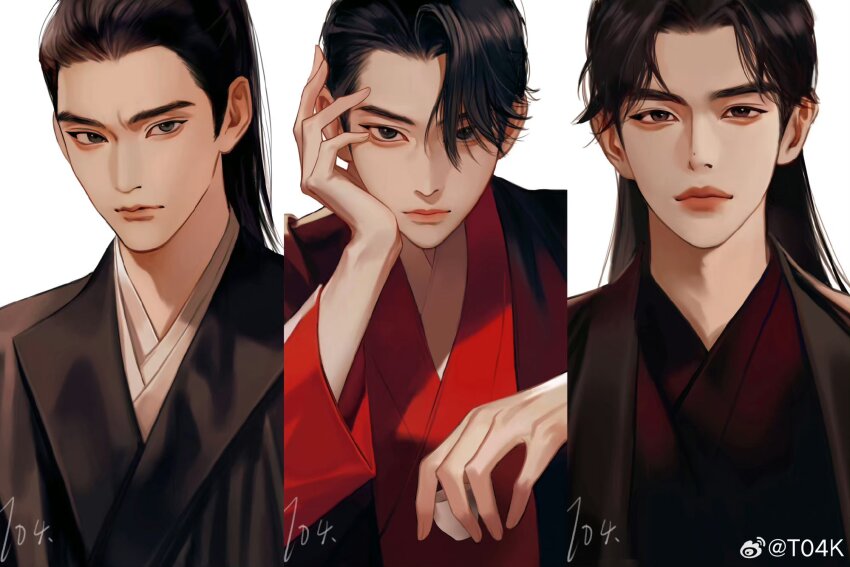 3boys black_eyes black_hair black_robe brown_eyes character_request chinese_clothes collage copyright_request cup grey_eyes highres holding holding_cup long_hair looking_at_viewer male_focus mole mole_on_nose multiple_boys red_robe robe short_hair signature simple_background thick_lips toscana20460423 upper_body watermark weibo_watermark white_background