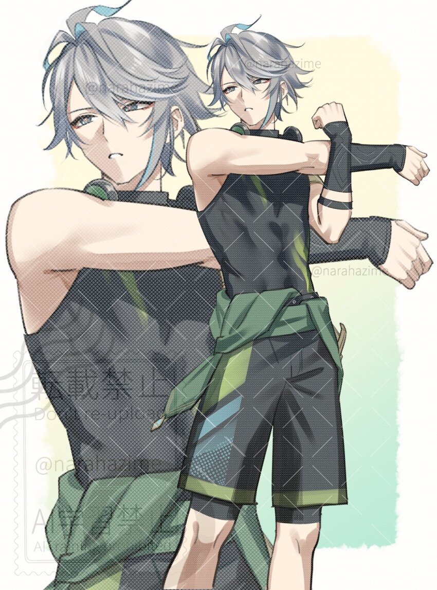 1boy alhaitham_(genshin_impact) antenna_hair artist_name black_gloves black_shirt black_shorts border clothes_around_waist commentary_request compression_shirt covered_abs fingerless_gloves genshin_impact gloves gradient_background green_background green_eyes green_hair grey_hair hair_between_eyes hand_up headphones headphones_around_neck highres male_focus multicolored_hair narahazime outside_border parted_bangs parted_lips shirt short_hair shorts simple_background sleeveless sleeveless_shirt solo standing stretching swept_bangs twitter_username watermark white_border yellow_background zoom_layer