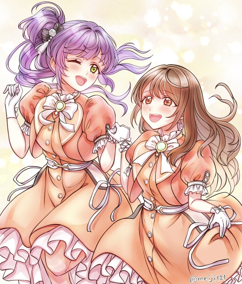 2girls ;d bloom_the_smile_bloom_the_dream! brown_hair commentary_request dress floating_hair flower frilled_dress frills gloves green_eyes hair_flower hair_ornament hanamiya_nina highres jacket leg_up link!_like!_love_live! long_hair looking_at_another love_live! medium_dress meiji_(mosamoo3) mole mole_under_eye multiple_girls one_eye_closed open_clothes open_jacket open_mouth orange_dress orange_eyes orange_jacket otomune_kozue puffy_short_sleeves puffy_sleeves purple_hair real_life short_sleeves side_ponytail sidelocks skirt_hold smile tassel tassel_hair_ornament teeth twitter_username upper_teeth_only virtual_youtuber voice_actor voice_actor_connection white_flower white_gloves yellow_background