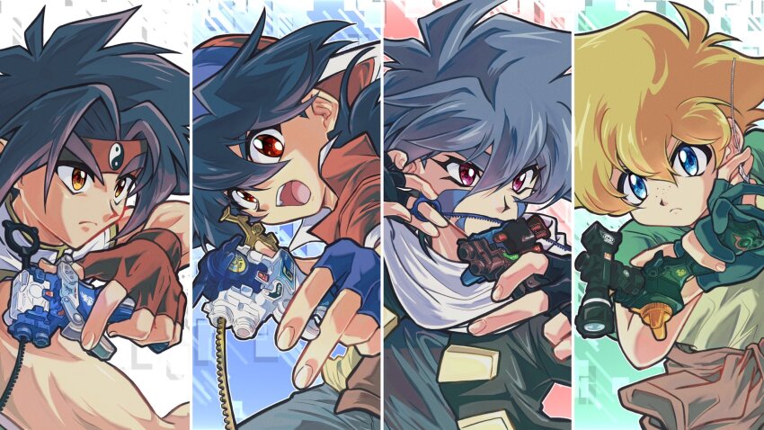 4boys bakuten_shoot_beyblade beyblade black_hair black_jacket blonde_hair blue_eyes blue_hair brown_eyes chinese_clothes close-up clothes_around_waist facial_tattoo freckles green_shirt highres hiwatari_kai holding jacket jacket_around_waist kinomiya_takao kon_rei medium_hair mizuhara_max multiple_boys purple_eyes red_eyes red_jacket shirt short_hair spiked_hair tattoo tkoknmy0321 upper_body white_shirt