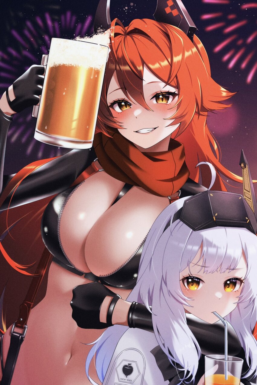 2girls alcohol beer black_bow black_bowtie black_gloves black_shirt blush bow bowtie breasts cleavage cloak crop_top cropped_jacket cup fingerless_gloves gloves goddess_of_victory:_nikke grin hair_between_eyes headgear highres holding horns jacket large_breasts leather leather_jacket long_hair mechanical_horns milmil7 mug multiple_girls navel orange_eyes red_hair red_hood_(nikke) red_scarf scarf shirt smile snow_white_(innocent_days)_(nikke) snow_white_(nikke) unzipped very_long_hair visor_(armor) white_cloak white_hair yellow_eyes zipper