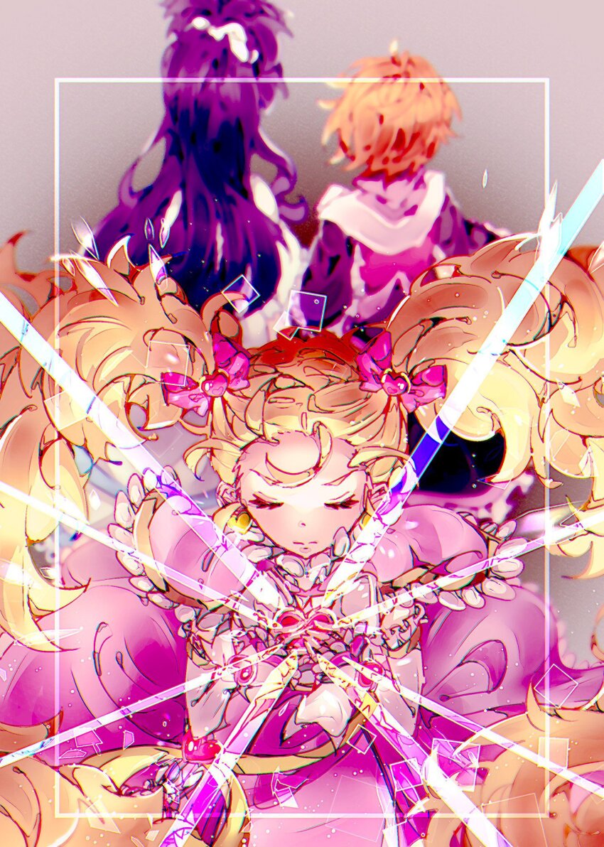 3girls back-to-back belt belt_bag black_hair black_shirt blonde_hair bow brooch closed_eyes closed_mouth commentary_request cowboy_shot cure_black cure_white dot_nose dress earrings expressionless eyelashes floating_clothes floating_hair frilled_dress frilled_skirt frills from_behind futari_wa_precure futari_wa_precure_max_heart glowing gold_earrings grey_background hair_bow hair_ornament hands_on_own_chest heart heart_brooch heart_earrings heart_hair_ornament high_ponytail highres jewelry kujou_hikari lips long_dress long_hair magical_girl misumi_nagisa multiple_girls orange_hair own_hands_together pink_arm_warmers pink_bag pink_bow pink_dress pink_vest ponytail precure red_brooch remonmoe shiny_luminous shirt short_dress short_hair short_ponytail short_sleeves skirt split_ponytail standing turtleneck turtleneck_shirt twintails very_long_hair vest white_bow white_dress yellow_belt yukishiro_honoka