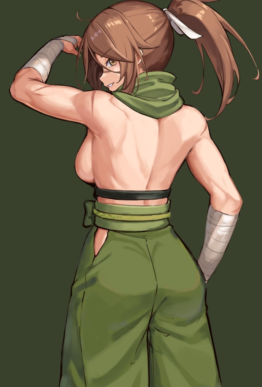 1girl ahoge ass back back_muscles backboob bandaged_arm bandages bare_back breasts brown_eyes brown_hair clothing_cutout commentary_request fate/grand_order fate_(series) green_scarf hakama hakama_pants high_ponytail highres japanese_clothes long_hair looking_back pants ponytail ranma_(kamenrideroz) scar scar_on_arm scar_on_face scar_on_nose scar_on_shoulder scarf side_cutout sideboob smile sugitani_zenjubou_(fate) triceps