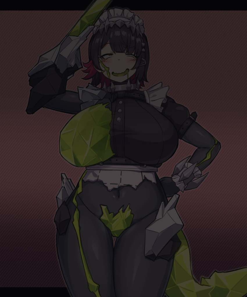 1girl absurdres black_hair body_modification breasts colored_inner_hair corruption crystal_sword drooling ellen_joe ethereal_(zenless_zone_zero) fins fish_tail frilled_wristband hair_ornament hairband half-closed_eyes herutsuheimuu highres large_breasts looking_at_viewer looking_up maid_headdress metal_hairband mind_control mole mole_under_eye multicolored_hair one_breast_out open_mouth red_eyes red_hair salute shark_girl shark_tail short_hair smile solo spiked_headband sword tail torn_clothes two-tone_hair weapon zenless_zone_zero