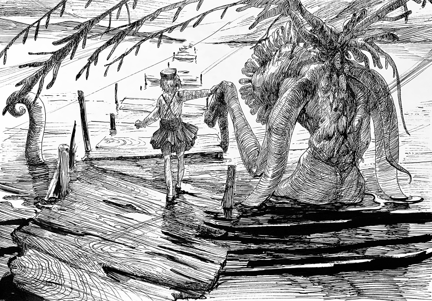 2girls absurdres beret black_headwear black_skirt bloodborne bridge collared_shirt ebrietas_daughter_of_the_cosmos eldritch_abomination greyscale hat hatoba_tsugu highres holding_hands in_water kiwa_(soek) monochrome monster multiple_girls partially_submerged shirt skirt suspender_skirt suspenders suspenders_slip tentacles tsugu_(vtuber) virtual_youtuber water white_shirt wings