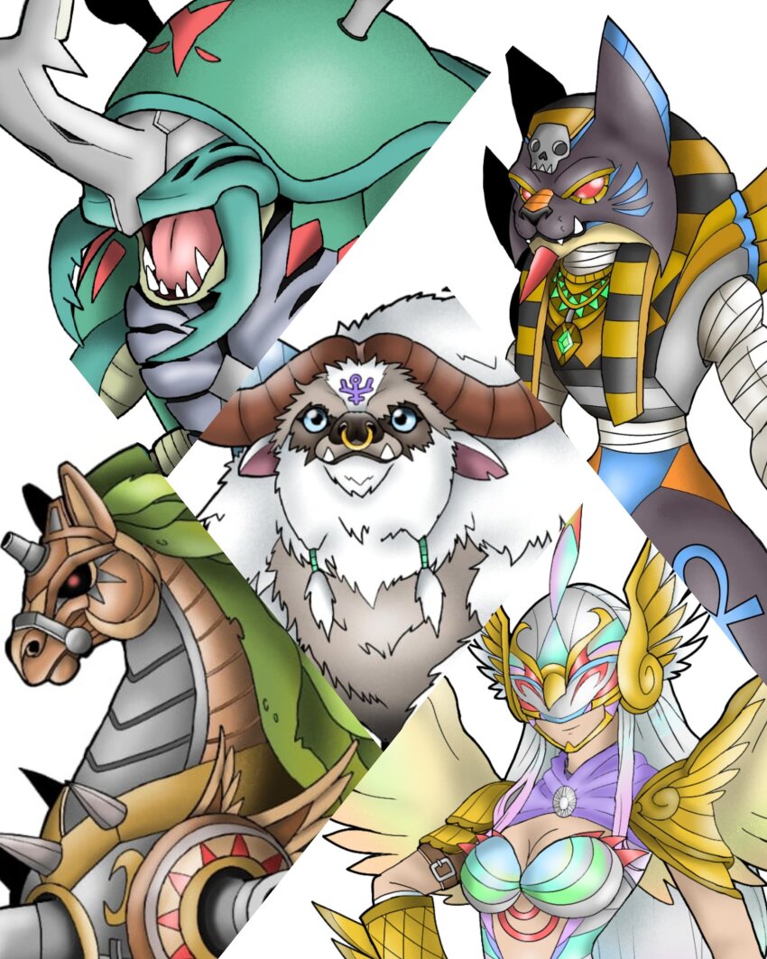 ancientbeatmon ancientirismon ancientmegatheriumon ancientsphinxmon ancienttroiamon breasts digimon digimon_(creature) highres horse looking_at_viewer mask oridigi original smile