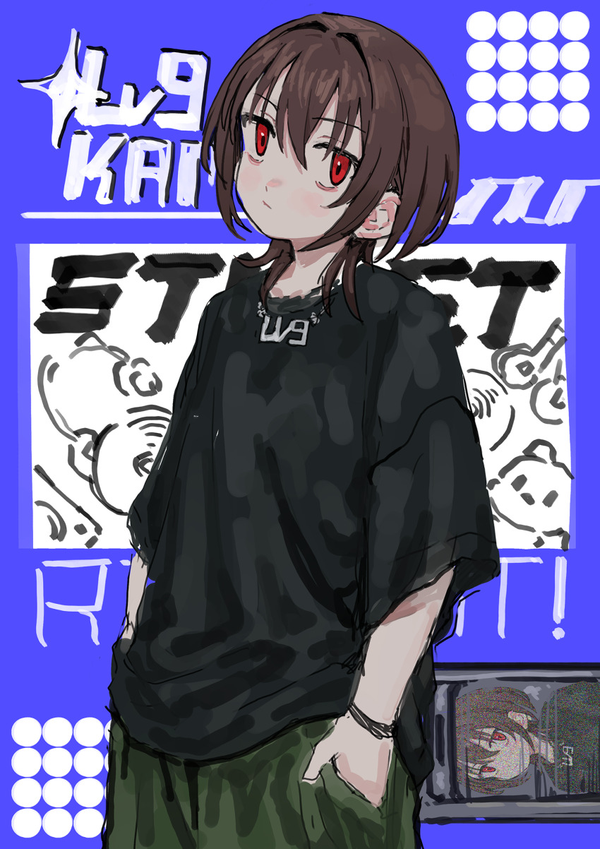 1girl black_shirt blue_background brown_hair closed_mouth commentary hair_intakes hands_in_pockets highres level9kaito looking_at_viewer medium_hair original red_eyes shirt short_sleeves solo upper_body