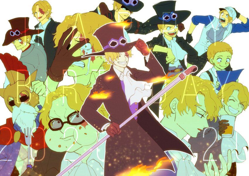 1boy ^_^ black_coat black_gloves blonde_hair brown_gloves child closed_eyes coat commentary_request cup eating fake_beard fake_facial_hair fire gloves goggles goggles_on_headwear happy_birthday hat helmet highres holding holding_cup male_focus multiple_views nrrn03 one_piece sabo_(one_piece) short_hair simple_background tears white_background