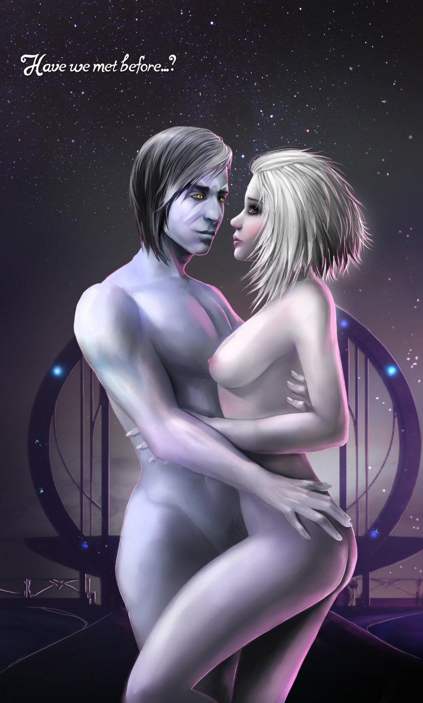1boy 1girl absurdres ass_grab awoken bangs_pinned_back black_hair blue_skin breasts brother_and_sister colored_skin cowboy_shot crow_(destiny) destiny_(game) destiny_2 eye_contact highres holding hug incest looking_at_another mara_sov mutual_hug nude siblings small_breasts standing uldren_sov white_hair white_skin