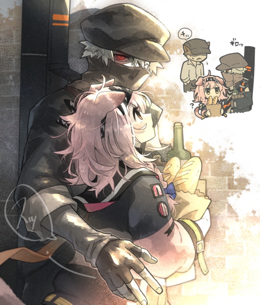 1girl 2boys ? ahoge animal_ears arknights bag baguette black_headband black_headwear black_jacket blue_bow bottle bow bread brick_wall brown_hair newsboy_cap cat_ears cat_tail chibi commentary_request fingerless_gloves food gloves glowing glowing_eyes goldenglow_(arknights) grey_hair hair_bow hair_ornament hairclip hat headband highres holding jacket lightning_bolt_print long_hair long_sleeves morini_ochiteru multiple_boys multiple_views paper_bag pink_hair red_(npc)_(arknights) red_eyes shirt tail upper_body white_shirt yellow_eyes