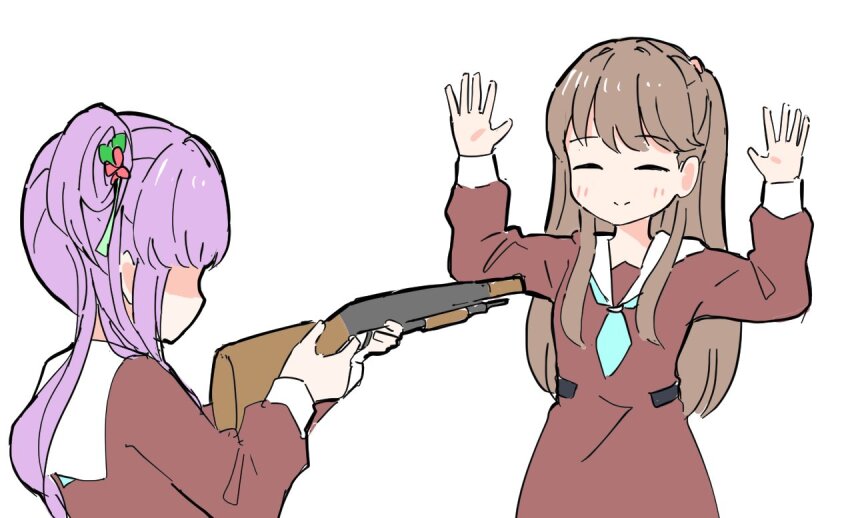 2girls ^_^ aiming aqua_neckerchief arms_up blush brown_dress brown_hair closed_eyes closed_mouth commentary dress faceless faceless_female flower fujishima_megumi gun hair_bun hair_flower hair_ornament hanamiya_nina hasu_no_sora_school_uniform holding holding_gun holding_weapon link!_like!_love_live! long_hair long_sleeves love_live! multiple_girls neckerchief open_hands otomune_kozue purple_hair red_flower sailor_collar sailor_dress school_uniform shaded_face shotgun side_ponytail sidelocks simple_background single_side_bun smile split_mouth surrendering symbol-only_commentary tassel tassel_hair_ornament tazaki_masanobu tsukine_kona two_side_up virtual_youtuber voice_actor_connection weapon white_background white_sailor_collar winter_uniform