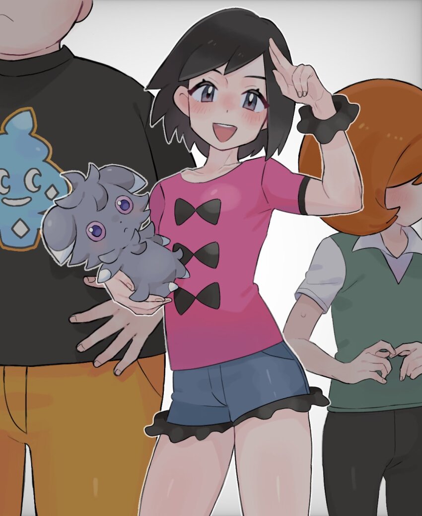 3boys :d black_pants blush calem_(pokemon) collared_shirt commentary_request cosplay espurr eyelashes gen_6_pokemon green_vest grey_eyes hand_up highres holding holding_pokemon looking_at_viewer male_focus multiple_boys nintendo open_mouth pants pink_shirt pokemon pokemon_(creature) pokemon_xy salute sana_(37pisana) scrunchie shauna_(pokemon) shauna_(pokemon)_(cosplay) shirt short_shorts short_sleeves shorts smile teeth tierno_(pokemon) trevor_(pokemon) two-finger_salute upper_teeth_only vest white_background white_shirt wrist_scrunchie