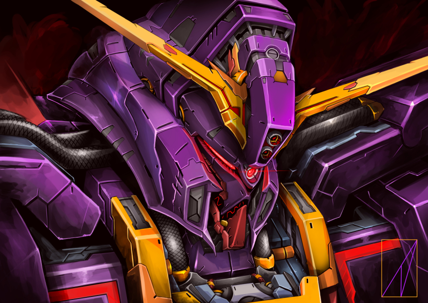 denjyou23 glowing glowing_eyes gundam gundam_zz looking_ahead mecha mobile_suit no_humans portrait psyco_gundam_mk_ii red_eyes robot science_fiction textless_version v-fin zeta_gundam zeta_gundam_define