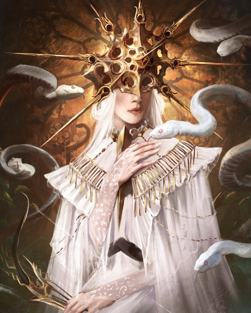 1boy absurdres androgynous bow_(weapon) caio_santos covered_eyes dark_souls_(series) dark_souls_i dark_sun_gwyndolin dress gold_necklace grey_dress helmet highres jewelry long_hair male_focus necklace snake solo spiked_helmet spiked_necklace sun_symbol weapon