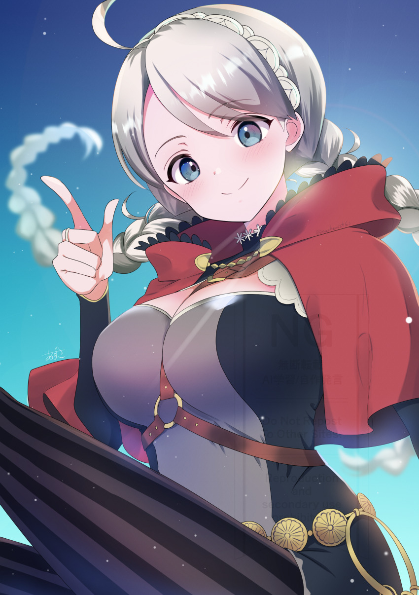1girl absurdres ahoge azusa_(azchemist63) blue_eyes braid breasts capelet cleavage fire_emblem fire_emblem_fates hairband harness highres hood hooded_capelet keyring large_breasts long_hair looking_at_viewer low_twin_braids low_twintails nina_(fire_emblem) nintendo o-ring o-ring_harness parted_bangs red_hood solo twin_braids twintails white_hair