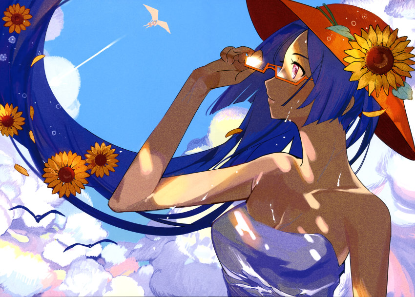 10s 1girl absurdres bare_arms bare_shoulders bird blue_hair breasts cleavage cloud dress female_focus flower flower_hat glasses hat highres long_hair looking_up neck petals red_eyes removing_eyewear ridget_(suisei_no_gargantia) serori sky smile solo strapless strapless_dress suisei_no_gargantia sunflower sweat upper_body very_long_hair