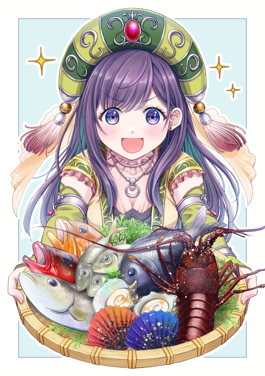 1girl blush clam commentary_request dress fish food hat highres jewelry lobster long_hair looking_at_viewer nagasawa_rin necklace open_mouth oyster purple_eyes purple_hair romancing_saga_2 saga smile sofia_(romancing_saga_2) solo sparkle tassel upper_body