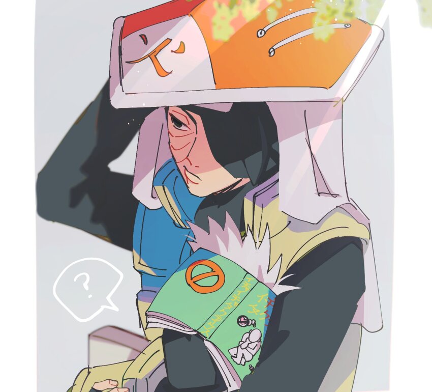 2boys ? black_gloves book book_on_head closed_mouth fingerless_gloves gloves grey_hair hat hatake_kakashi highres hokage icha_icha_(naruto) long_sleeves male_focus mask mouth_mask multiple_boys naruto_(series) naruto_shippuuden object_on_head scar scar_on_face seirorath short_hair spoken_question_mark uchiha_obito vest