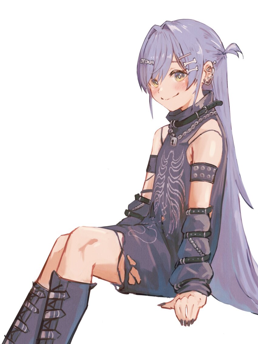 1girl arm_strap arm_warmers armband bare_shoulders black_boots black_nails blush bone_hair_ornament boots chain chain_necklace ear_chain ear_piercing gradient_eyes grey_hair hair_intakes hair_ornament hairpin highres invisible_chair jewelry knee_boots lock_necklace long_hair multicolored_eyes multiple_hairpins necklace one_side_up parted_bangs piercing shirt simple_background sitting sleeveless sleeveless_shirt smile solo torn_clothes torn_shirt tsubu_(kappunioyu562) virtual_youtuber vspo! white_background yano_kuromu yellow_eyes