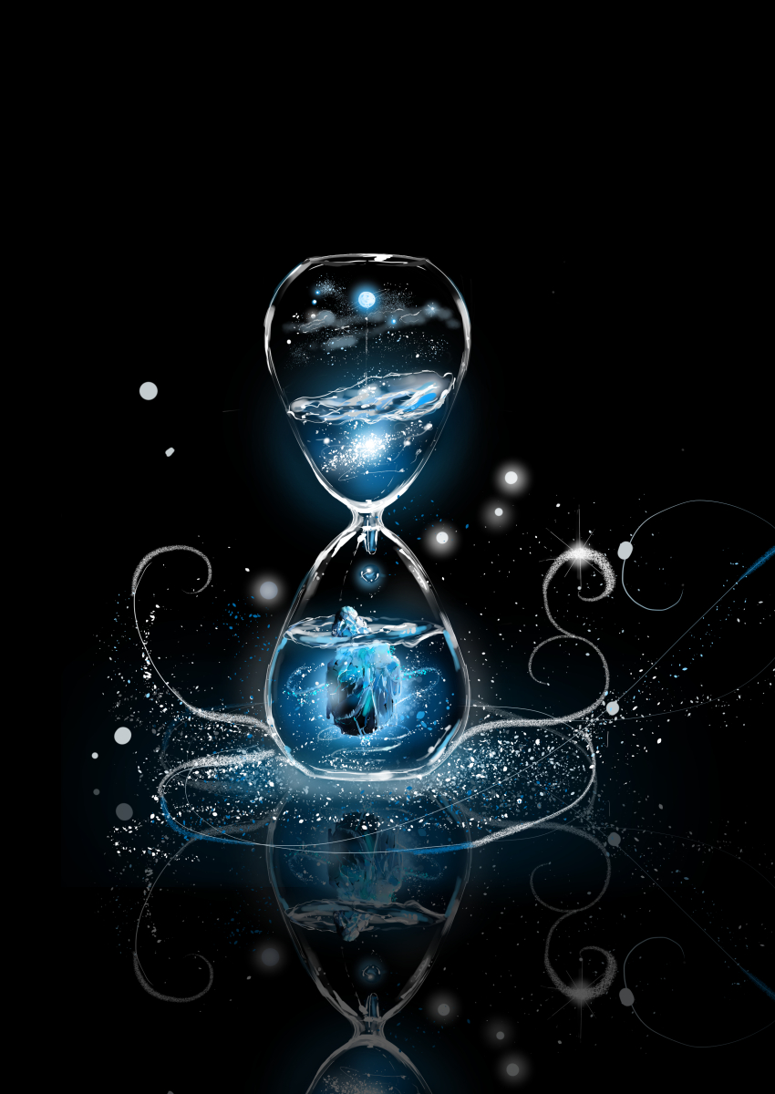 absurdres awanagiee commentary fantasy glass glowing_motes highres hourglass iceberg night no_humans original planet reflection scenery sky space star_(sky) starry_sky still_life surreal water water_drop what