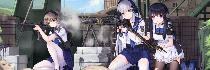 allenes apron ar-15 assault_rifle black_hair black_thighhighs blue_eyes brown_hair firing green_eyes gun headset long_hair machine_gun maid maid_apron mg3 original purple_eyes rifle sandbag school_uniform serafuku tactical_school_uniform thighhighs torn_clothes torn_thighhighs weapon white_hair white_thighhighs