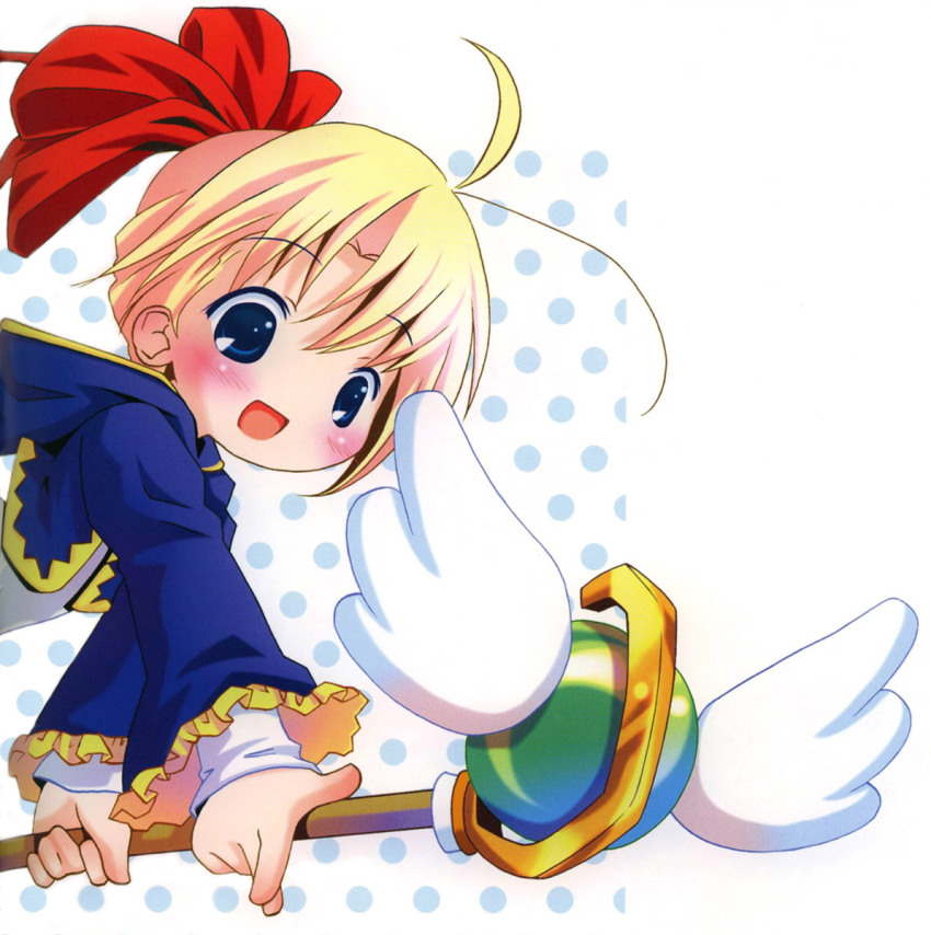 1girl :d antenna_hair blonde_hair blue_eyes blush female_focus hair_ribbon highres long_sleeves open_mouth polka_dot polka_dot_background pop red_ribbon ribbon smile solo staff wings