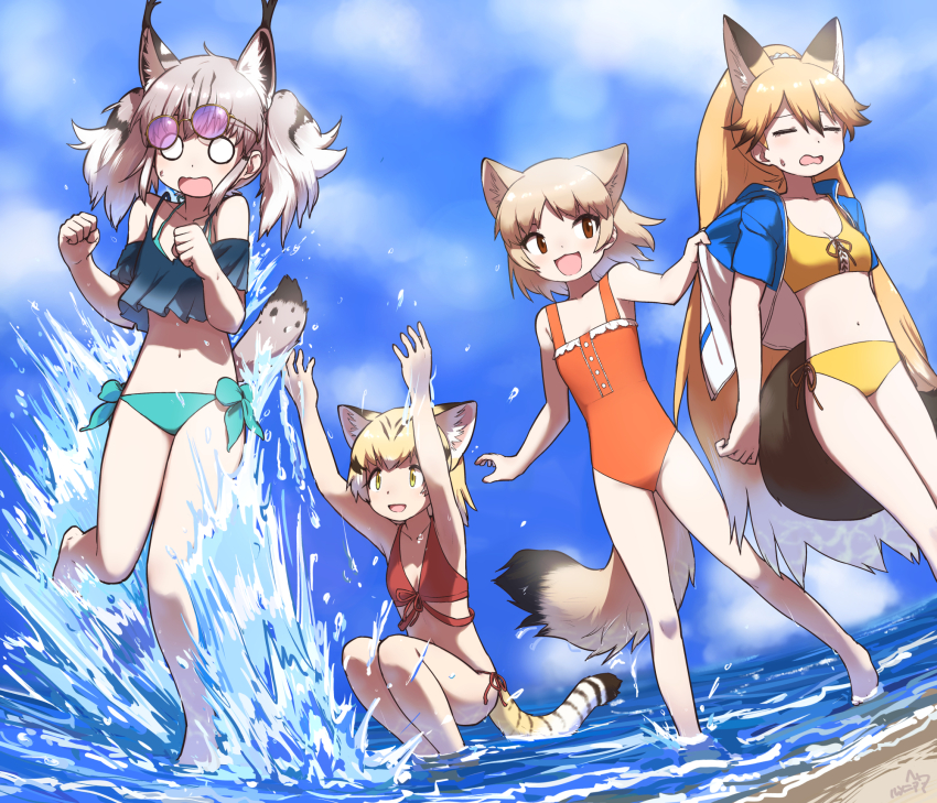 alternate_costume animal_ears bare_arms bare_legs bare_shoulders barefoot beach bikini blue_bikini blue_sweater bow bow_bikini brown_hair cat_ears cat_girl cat_tail closed_eyes eurasian_lynx_(kemono_friends) ezo_red_fox_(kemono_friends) fox_ears fox_girl fox_tail frilled_bikini frills grey_hair hair_between_eyes highres jacket kemono_friends long_hair midriff multicolored_hair navel one-piece_swimsuit open_clothes open_jacket open_mouth orange_bikini orange_eyes orange_hair orange_one-piece_swimsuit pale_fox_(kemono_friends) ponytail rumenia_(ao2is) sand_cat_(kemono_friends) shirt_tug short_hair sidelocks spaghetti_strap splashing squatting sunglasses sweater swimsuit tail twintails two-tone_sweater wavy_mouth white_hair white_sweater yellow_bikini yellow_eyes