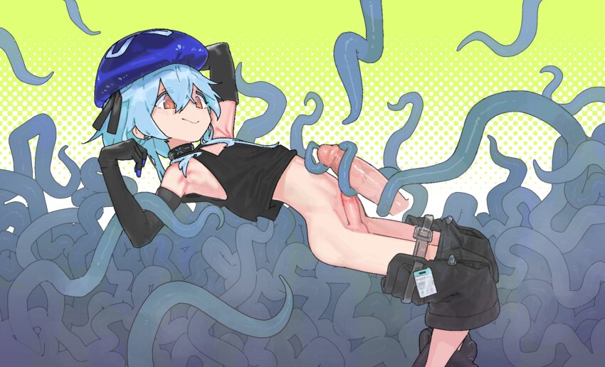 1boy absurdres arknights bare_shoulders black_gloves black_tank_top blue_hair blue_hat closed_mouth clothes_pull commentary commission disembodied_penis elbow_gloves english_commentary erection feet_out_of_frame from_side gloves halftone halftone_background hat highres male_focus mizuki_(arknights) orange_eyes pants pants_pull penis pshuuu short_hair smile tank_top tentacles trap uncensored variant_set