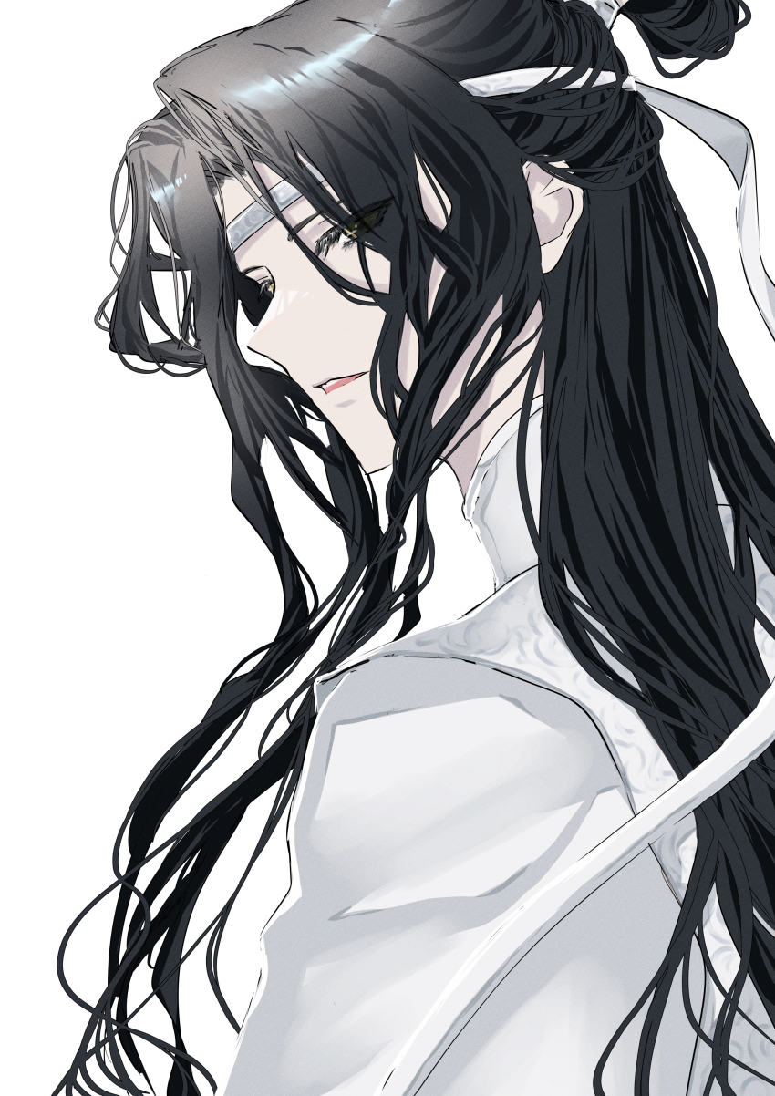 1boy absurdres bishounen black_hair chinese_clothes eyes_visible_through_hair from_behind from_side hair_ribbon half_updo hanfu headband highres lan_wangji light_smile long_hair looking_at_viewer looking_back male_focus modao_zushi naruse_(kmk648) parted_bangs parted_lips profile ribbon robe simple_background solo topknot upper_body white_background white_hanfu white_headband white_ribbon xiao_guan_(headdress)