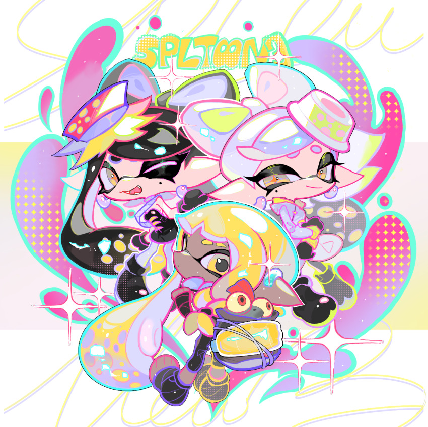 3girls agent_3_(splatoon_3) backpack bag bandaged_arm bandaged_foot bandages black_dress black_footwear black_gloves black_hair black_pants blonde_hair bow-shaped_hair braid callie_(alterna)_(splatoon) callie_(splatoon) chibi chibi_only choker closed_mouth coat commentary_request copyright_name dark-skinned_female dark_skin dress earclip earrings eyebrow_cut fangs full_body gloves grey_choker grey_coat grey_hair half-closed_eye highres hood hood_down hooded_coat inkling jewelry long_hair long_pointy_ears looking_at_viewer marie_(alterna)_(splatoon) marie_(splatoon) medium_hair mole mole_under_eye multicolored_hair multiple_girls nintendo one_eye_closed open_mouth pants pantyhose pointy_ears salmonid single_braid smallfry_(splatoon) smile splatoon_(series) splatoon_3 squidbeak_splatoon strapless strapless_dress swept_bangs tentacle_hair twintails two-tone_hair very_long_hair white_pantyhose xiaoyunatie yellow_eyes