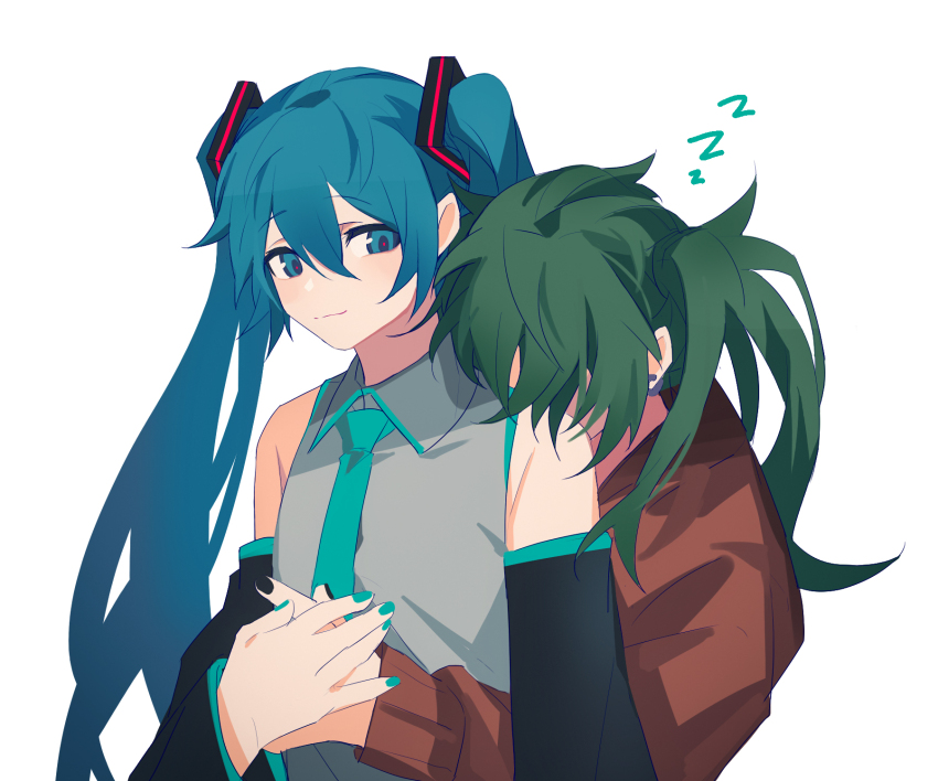 2girls aqua_nails aqua_necktie aqua_trim arm_at_side bare_shoulders black_nails black_sleeves blue_eyes blue_hair brown_shirt closed_mouth collared_shirt detached_sleeves dual_persona ear_piercing green_hair grey_shirt hair_between_eyes hatsune_miku highres hug hug_from_behind long_hair long_sleeves looking_at_another medium_hair multiple_girls nail_polish necktie piercing red_pupils shirt sleeveless sleeveless_shirt smile suna_no_wakusei_(vocaloid) twintails upper_body vocaloid white_background ximuye zzz