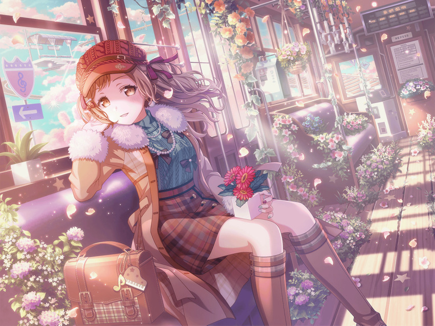 1girl azalea_(flower) bag bang_dream! blonde_hair blue_flower boots bouquet bow brown_eyes cable_knit chinese_trumpet_vine cloud cloudy_sky coat earrings eighth_note falling_petals fantasy floating_hair flower flower_pot flower_request flying_train fur-trimmed_coat fur_trim hair_ornament hair_ribbon hairclip hanging_plant hat high-waist_skirt holding holding_bouquet holding_flower holding_flower_pot ichigaya_arisa ivy jewelry knee_boots light_rays long_hair looking_to_the_side multicolored_nails musical_note nail_art nail_polish official_art orange_flower overgrown parted_lips petals petunia_(flower) pink_flower plaid_clothes plaid_skirt plant pom_pom_(clothes) pom_pom_earrings potted_plant purple_flower railroad_tracks red_flower ribbon road_sign sign sitting skirt sky smile solo star_(symbol) sunbeam sunlight sweater third-party_source train_interior treble_clef trumpet_creeper turtleneck turtleneck_sweater white_flower wind wooden_floor