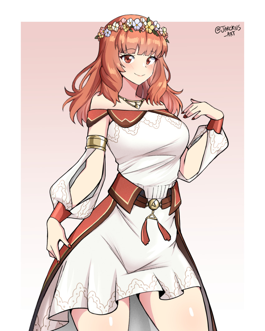 1girl celica_(fire_emblem) celica_(valentine)_(fire_emblem) cowboy_shot dress fire_emblem fire_emblem_gaiden fire_emblem_heroes highres jarckius looking_at_viewer medium_hair nail_polish nintendo orange_eyes orange_hair red_nails smile solo white_dress