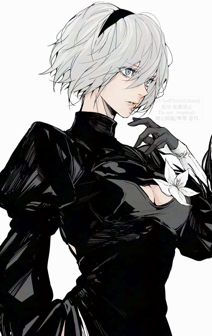 1girl 2b_(nier:automata) absurdres android blue_eyes breasts cleavage flower flower_on_chest hand_up headband highres looking_at_another lunar_tear nier:automata nier_(series) nishiii26miii short_hair simple_background small_breasts solo white_background white_hair