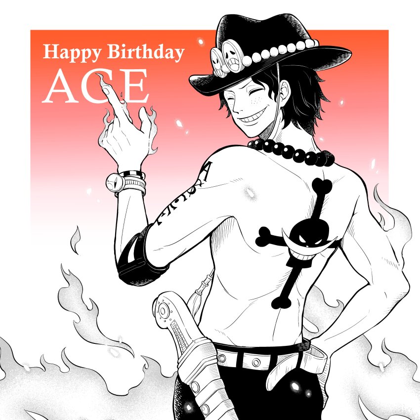 1boy absurdres arm_tattoo back_tattoo bracelet character_name closed_eyes commentary_request cowboy_shot elbow_pads fire freckles greyscale_with_colored_background hand_on_own_hip happy_birthday hat highres jewelry jolly_roger log_pose looking_back male_focus meijin_kusano necklace one_piece orange_background pearl_necklace portgas_d._ace short_hair single_elbow_pad smile solo tattoo topless_male whitebeard_pirates_jolly_roger