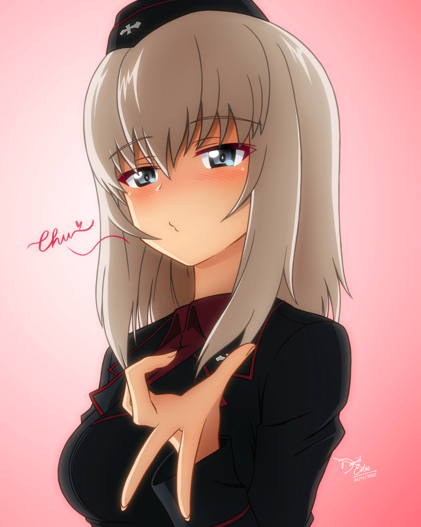 1girl :3 absurdres anime_coloring artist_name black_hat black_jacket blowing_kiss blue_eyes blush breast_pocket breasts collared_shirt commentary commentary_request cowboy_shot cross dated dress_shirt emblem english_text garrison_cap girls_und_panzer grey_hair hair_between_eyes hat highres insignia itsumi_erika jacket kd_esler kiss kuromorimine_(emblem) kuromorimine_military_uniform light_blush lips long_hair long_sleeves looking_at_viewer military military_uniform pink_background pocket pov puckered_lips red_shirt shirt signature simple_background solo v wing_collar