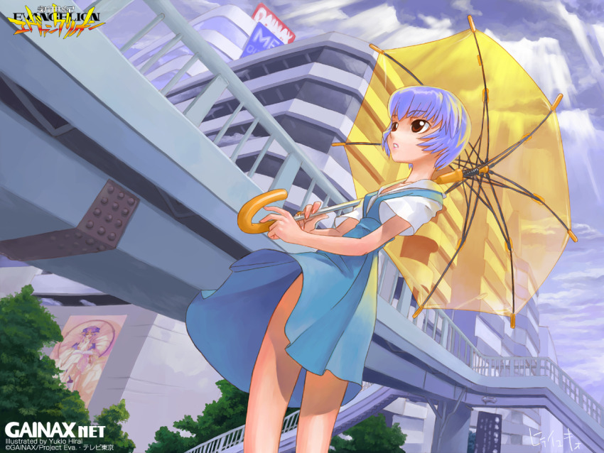 1girl artist_name ayanami_rei blue_hair blue_skirt breasts bridge building city cloud cloudy_sky collarbone collared_shirt commentary copyright_name copyright_notice dress_shirt feet_out_of_frame grey_sky hirai_yukio holding holding_umbrella light_rays looking_afar looking_to_the_side mural neon_genesis_evangelion non-web_source official_art outdoors overcast parted_lips pedestrian_bridge railing red_eyes school_uniform shirt short_hair sign signature skirt sky small_breasts solo stairs standing sunbeam sunlight suspender_skirt suspenders tokyo-3_middle_school_uniform translated transparent transparent_umbrella tree twisted_torso umbrella white_shirt wind wind_lift yellow_umbrella