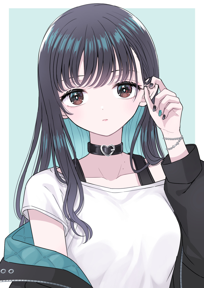1girl black_choker black_hair black_jacket black_nails blue_background blue_hair blue_jacket blue_nails boku_no_kokoro_no_yabai_yatsu border breasts brown_eyes choker collarbone colored_inner_hair heart heart_choker highres jacket large_breasts looking_at_viewer mole multicolored_hair naganosaeka nail_polish off_shoulder parted_lips playing_with_own_hair quilted_jacket shirt short_sleeves simple_background solo two-sided_fabric two-sided_jacket upper_body white_border white_shirt wrist_chain yamada_anna