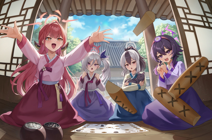 4girls absurdres alternate_costume animal architecture aru_(blue_archive) black_cat black_hair blue_archive cat commentary_request day dress east_asian_architecture grey_hair grey_halo halo hanbok haruka_(blue_archive) highres holding holding_animal holding_cat indoors kama_(kama_ovo) kayoko_(blue_archive) korean_clothes long_hair multiple_girls mutsuki_(blue_archive) open_mouth outstretched_arms own_hands_together pink_dress pink_eyes pink_hair ponytail problem_solver_68_(blue_archive) purple_dress purple_hair purple_halo red_halo side_ponytail sitting smile throwing tree