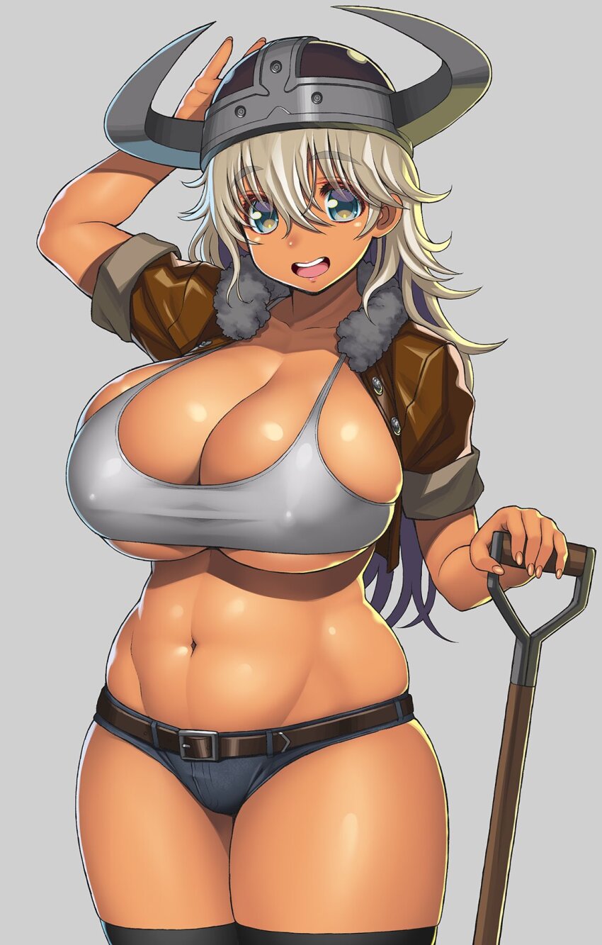 1girl arm_behind_head belt black_belt black_thighhighs blue_eyes blue_shorts breasts brown_hair brown_jacket cleavage covered_erect_nipples cowboy_shot cropped_jacket fake_horns fur-trimmed_jacket fur_trim grey_background grey_sports_bra helmet highres holding holding_shovel horned_helmet horns huge_breasts jacket long_hair looking_at_viewer micro_shorts navel original plump shiny_skin short_sleeves shorts shovel simple_background skindentation solo sports_bra stomach tan teeth thighhighs tsuji_santa underboob upper_teeth_only