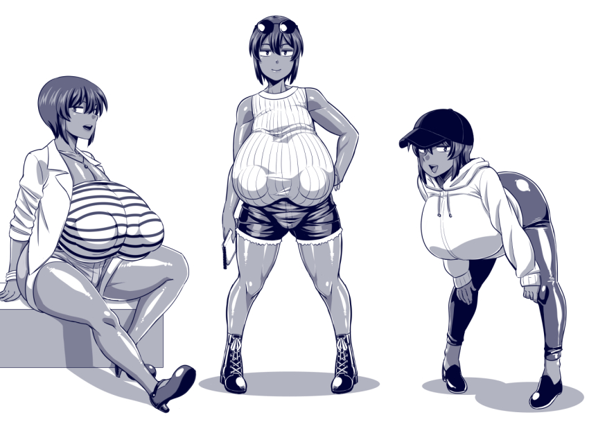 1girl amazon_(taitaitaira) bare_legs blush breasts cum cum_in_pussy gigantic_breasts hat high_heels hood hoodie huge_areolae huge_nipples jacket jewelry looking_at_viewer monochrome natsuki_(amazon) necklace open_clothes open_jacket open_mouth pants ribbon_trim short_hair short_pants simple_background sitting smile standing sunglasses_on_head sweat tagme thick_thighs thighs tight_clothes tight_pants tomboy white_background