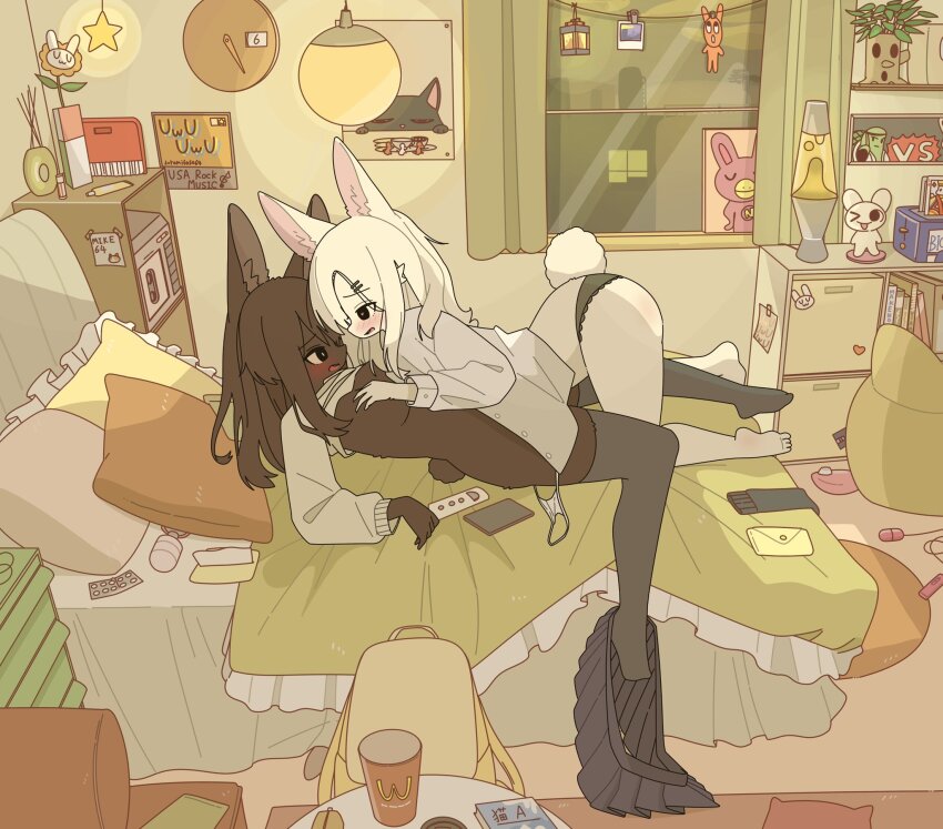 2girls absurdly_detailed_composition animal_ears backpack bag bedroom black_pants black_skirt blister_pack blush book breasts brown_hair ceiling_light clitoral_suction_vibrator clock clothes_lift commentary controller cushion egg_vibrator figure furry furry_female furry_with_furry grabbing_another&#039;s_breast grey_thighhighs groping hair_ornament hair_tie hairclip heart heart-shaped_pupils highres hitachi_magic_wand incense inconspicuous_sex_toy indoors lava_lamp loaded_interior long_hair long_sleeves mcdonald&#039;s medium_breasts mike_no_hito multiple_girls on_bed open_mouth original panties panties_around_leg pants pleated_skirt pocket_tissue poster_(object) rabbit_ears rabbit_girl rabbit_tail remote_control sex_toy shirt skirt sweater sweater_lift symbol-only_commentary symbol-shaped_pupils tail thighhighs underwear unworn_skirt vibrator white_hair white_panties white_shirt white_sweater yuri