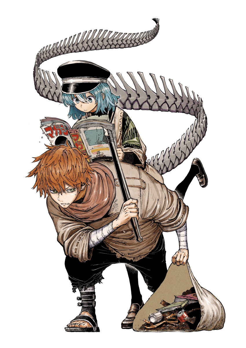 1boy 1girl absurdres aqua_eyes aqua_hair bag bandaged_arm bandages black_pants black_sandals black_shoes black_socks bone_tail book brown_shirt can clenched_teeth colored_bangs commentary_request dragon_girl dragon_tail drink_can galaxias green_eyes hair_between_eyes hat highres holding holding_bag holding_book holding_tongs hunched_over jio_holst_(galaxias) loafers lying_on_person medium_hair neraid_(galaxias) omao orange_hair pants reading sandals shirt shoes short_hair simple_background socks soda_can tail teeth tongs trash trash_bag white_background
