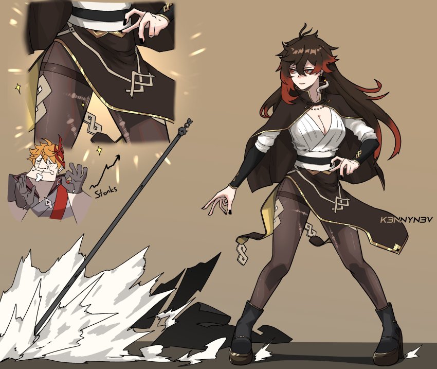 1boy 1girl beige_background black_nails boots breasts brown_background brown_hair capelet cleavage closed_mouth colored_tips commentary earrings english_commentary eyeliner full_body genderswap genderswap_(mtf) genshin_impact gradient_hair hair_between_eyes highres jewelry k3nnyn3v large_breasts long_hair long_sleeves makeup mask mask_on_head meme multicolored_hair nail_polish ok_sign orange_hair pantyhose polearm short_hair simple_background single_earring solo_focus standing stonks_(meme) tartaglia_(genshin_impact) tassel tassel_earrings thumb_ring torn_clothes torn_legwear weapon yellow_eyes zhongli_(genshin_impact)
