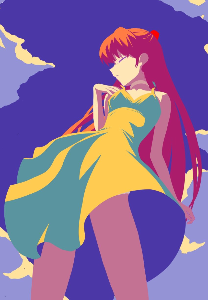 1girl closed_eyes colored_skin commentary dress highres neon_genesis_evangelion orange_hair raie_l sky souryuu_asuka_langley white_skin yellow_dress