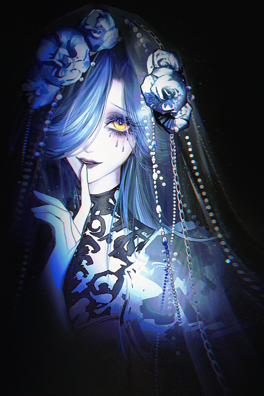 1girl absurdres asymmetrical_bangs black_background blue_flower blue_hair blue_rose bridal_veil finger_to_mouth flower graves_(path_to_nowhere) grey_lips hair_flower hair_ornament highres light_particles looking_at_viewer one_eye_covered pale_skin parted_lips path_to_nowhere pearl_hair_ornament rose simple_background smile solo teardrop_facial_mark upper_body veil yellow_eyes yu_zhezhe