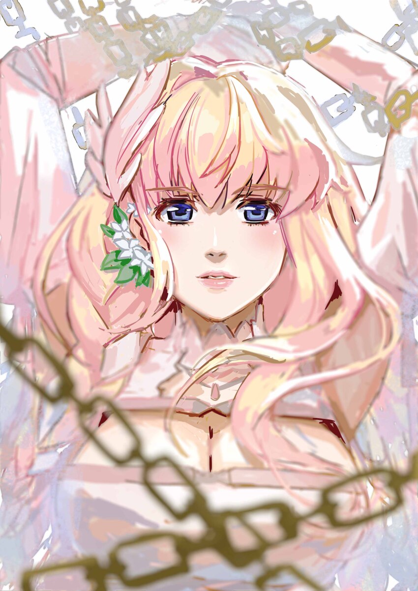 1girl absurdres blonde_hair blue_eyes blush breasts chain cleavage cleavage_cutout clothing_cutout dress flower hair_flower hair_ornament highres large_breasts long_hair looking_at_viewer macross macross_frontier nekkikamille parted_lips pink_lips portrait sheryl_nome solo straight-on white_dress white_flower